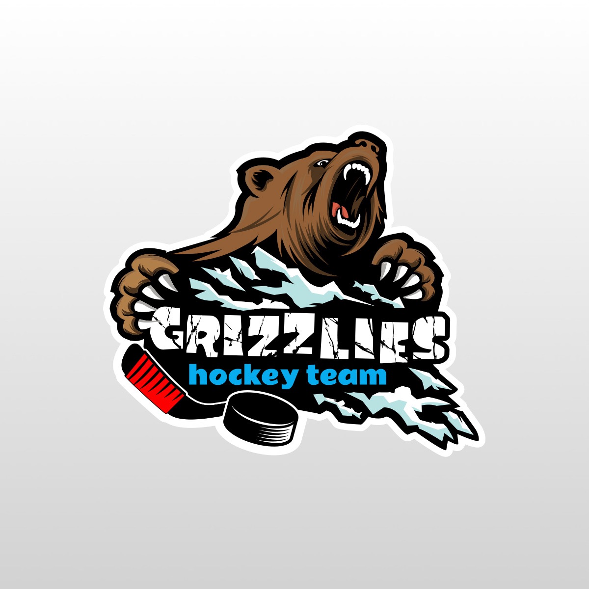 Logo drużyny hokejowej 'Grizzlies' z wściekłym niedźwiedziem brunatnym, kijem hokejowym i krążkiem.