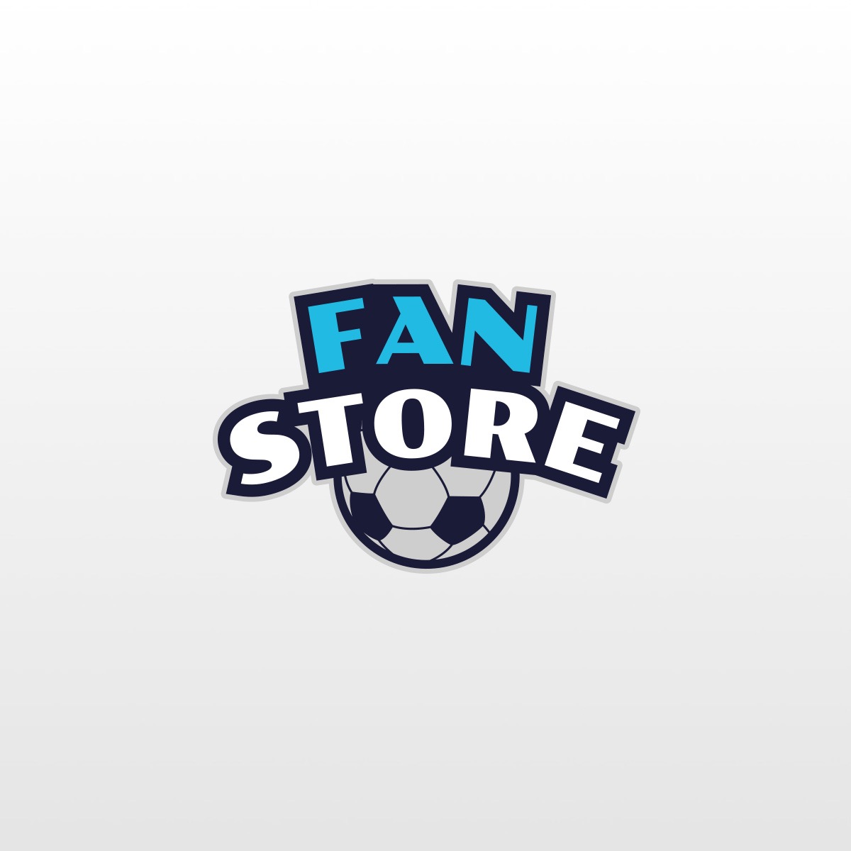 Logo sklepu sportowego z napisem 'FAN STORE' w niebiesko-białych kolorach, umieszczonym nad szarą piłką nożną.