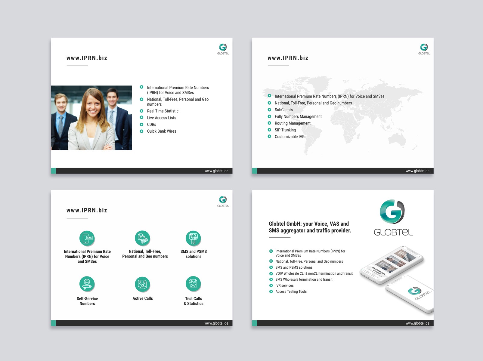 Zestawienie ekranów prezentujących usługi firmy telekomunikacyjnej Globtel, w tym numery premium, routing, IVR i inne rozwiązania dla biznesu.