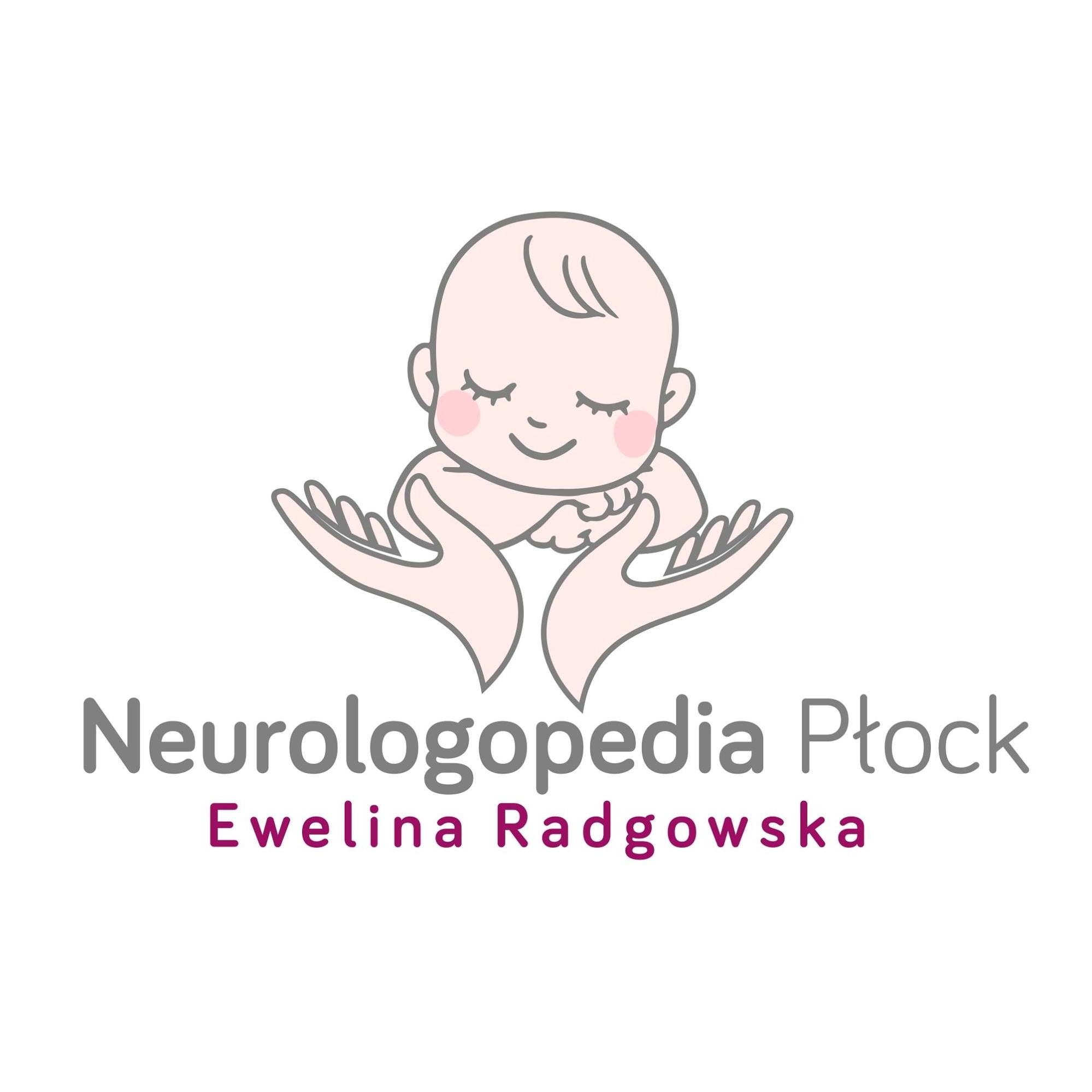 Logo firmy Neurologopedia Płock Ewelina Radgowska z rysunkiem niemowlęcia w dłoniach.