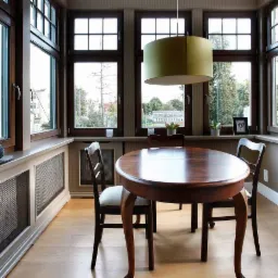 Jasne wnętrze jadalni z okrągłym drewnianym stołem, trzema krzesłami i dużymi oknami z drewnianymi ramami, przez które widać budynki i drzewa. Nad stołem wisi okrągła lampa w kolorze oliwkowym.
