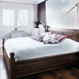 Sypialnia z drewnianym łóżkiem w stylu klasycznym, białą pościelą i wzorzystymi poduszkami, na podłodze ciemne panele, w tle okno z białymi firankami i komoda z kwiatami, na ścianie fototapeta.