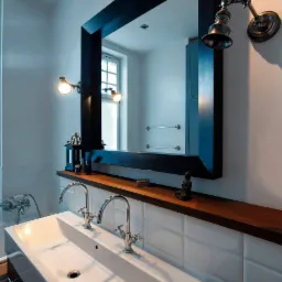 Nowoczesna łazienka z podwójną umywalką, dużym lustrem w czarnej ramie, drewnianą półką, industrialnymi lampami i białą glazurą.