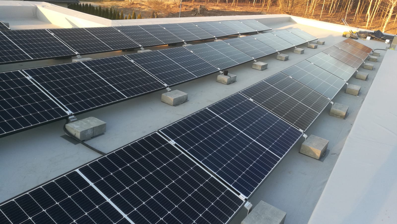 Rząd paneli słonecznych na płaskim dachu, zamontowanych na betonowych podstawach, z widocznymi przewodami i krajobrazem drzew w tle.