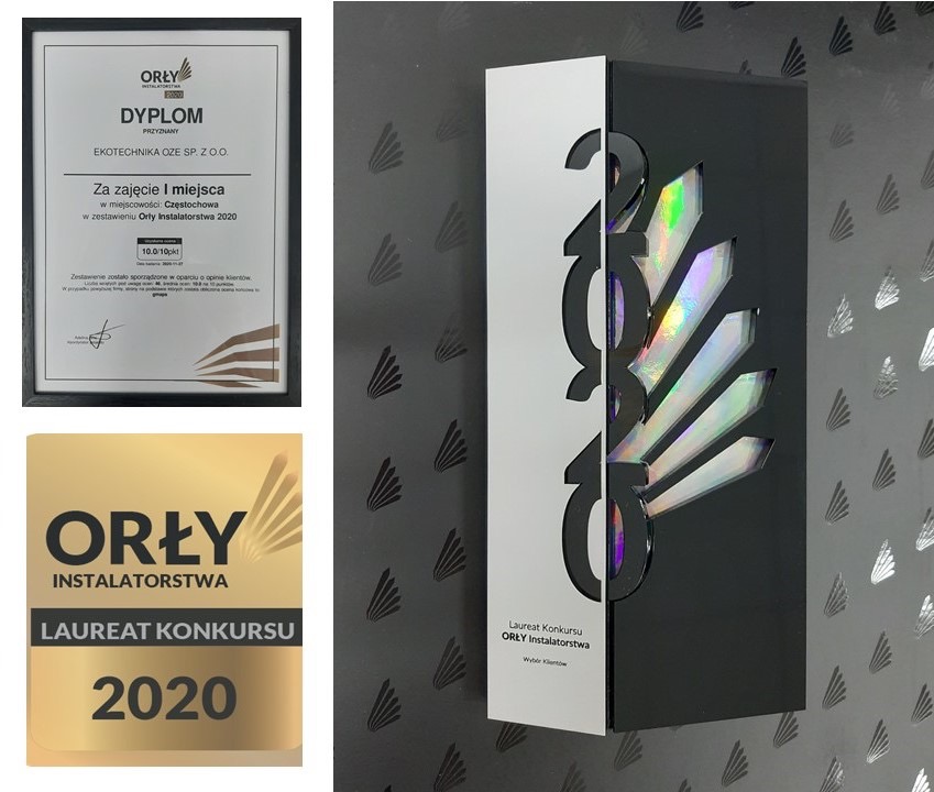 Dyplom i statuetka 'Orły Instalatorstwa 2020' dla firmy Ekotechnika OZE Sp. z o.o. z Częstochowy za zajęcie I miejsca w zestawieniu, na tle ściany ze wzorem skrzydeł.