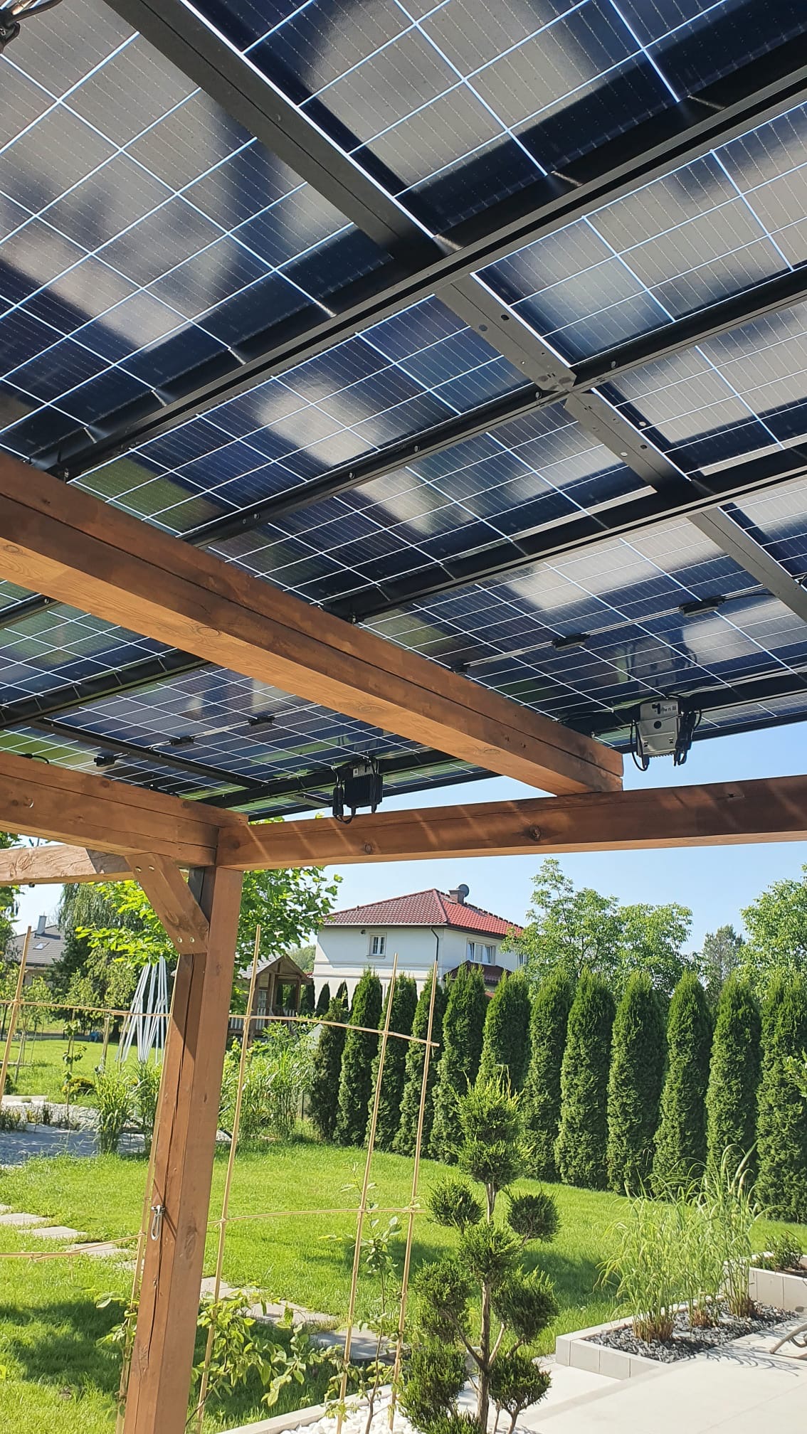 Panele fotowoltaiczne zamontowane na drewnianej pergoli, widok z dołu na tle zielonego ogrodu i domu z czerwoną dachówką.