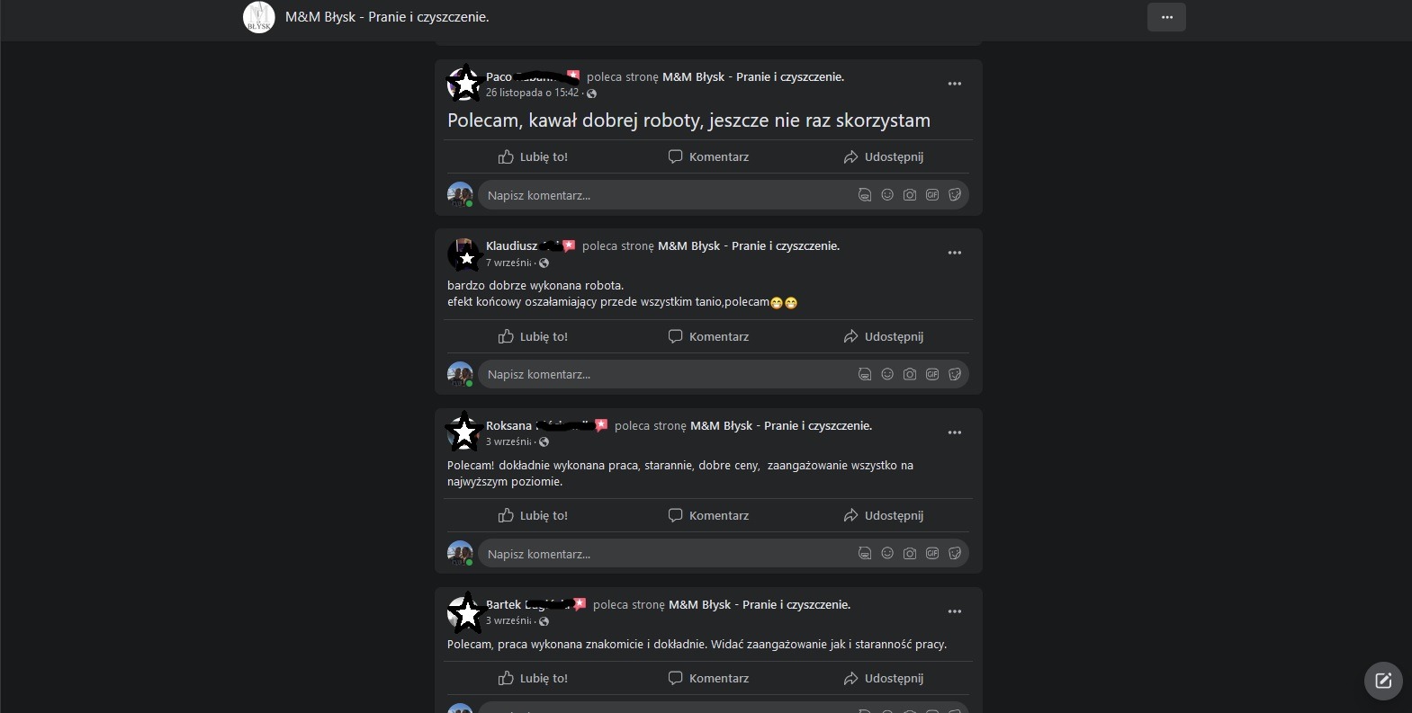 Zrzut ekranu z Facebooka przedstawiający pozytywne recenzje klientów dla firmy 'M&M Błysk - Pranie i czyszczenie', z komentarzami chwalącymi jakość i cenę usług.