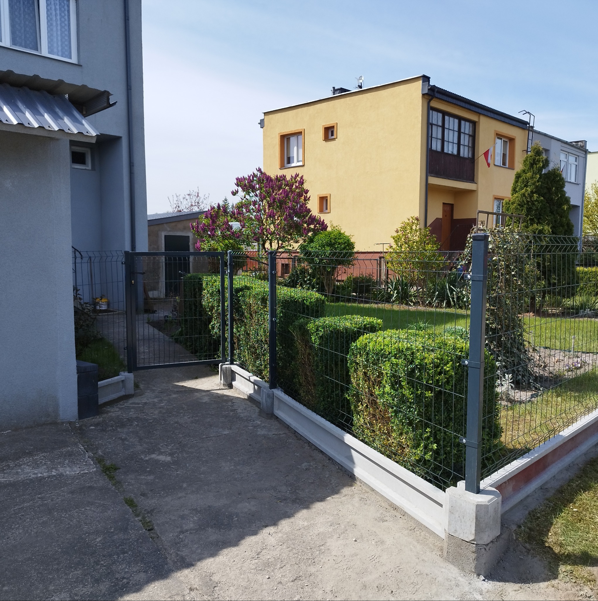 Nowoczesne ogrodzenie panelowe z podmurówką prefabrykowaną, oddzielające posesję z równo przystrzyżonymi krzewami. W tle budynki mieszkalne w słoneczny dzień.