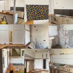 Kompleksowy remont kuchni, skucie starych okładzin, tynkowanie i naprawa ścian, układanie mozaiki, nowa zabudowa, nowa instalacja elektryczna, montaż kuchenki i zlewu