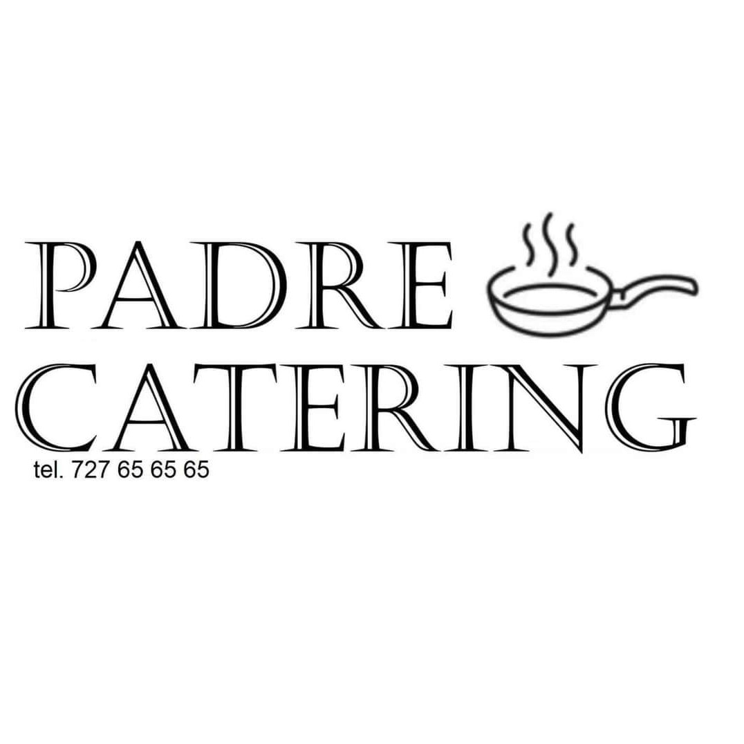 Logo firmy cateringowej Padre Catering z rysunkiem patelni, numerem telefonu i nazwą firmy w czerni na białym tle.