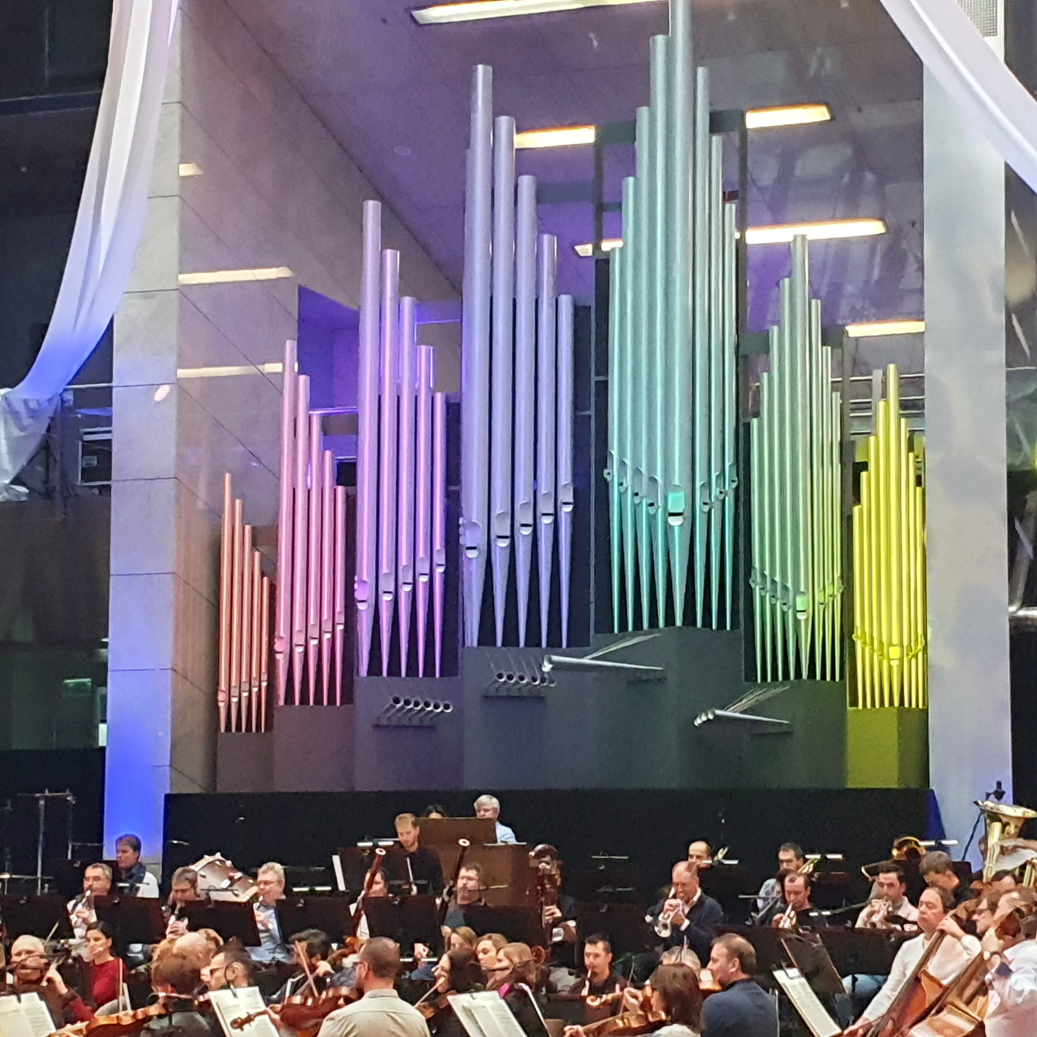 Wnętrze sali koncertowej z monumentalnymi organami piszczałkowymi podświetlonymi kolorami tęczy oraz orkiestrą symfoniczną podczas występu.