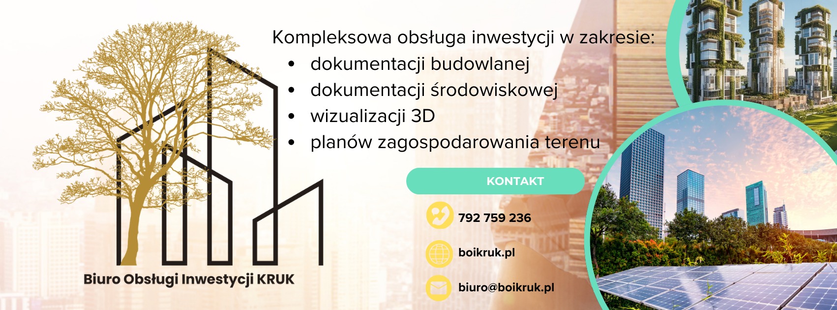 Grafika reklamowa biura obsługi inwestycji KRUK, oferującego kompleksową obsługę w zakresie dokumentacji budowlanej i środowiskowej, wizualizacji 3D oraz planów zagospodarowania terenu. W tle...