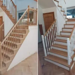 Renowacja schod&oacute;w. Cyklinowanie, polerowanie i lakierowanie stopni. Malowanie podstopnic, tralek i słupk&oacute;w na biało.