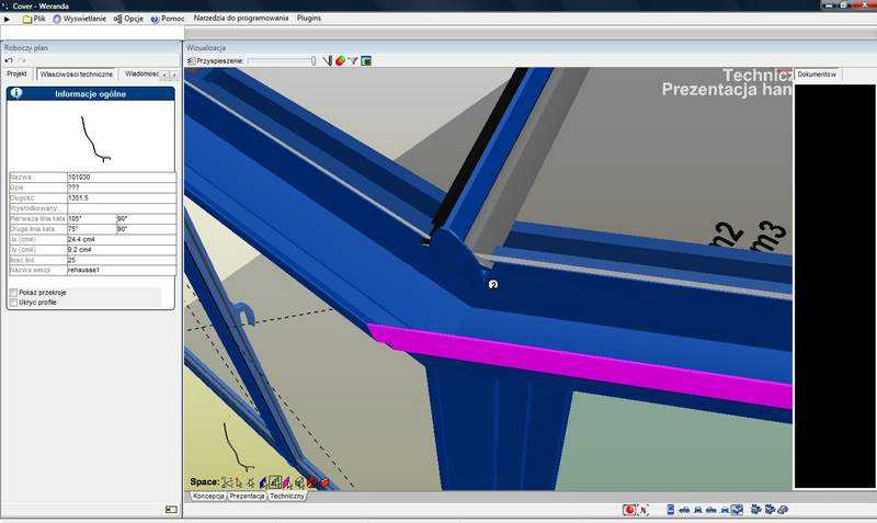 Wizualizacja 3D ramy okiennej w oprogramowaniu Cover3D, z widocznymi wymiarami i specyfikacją techniczną po lewej stronie interfejsu.