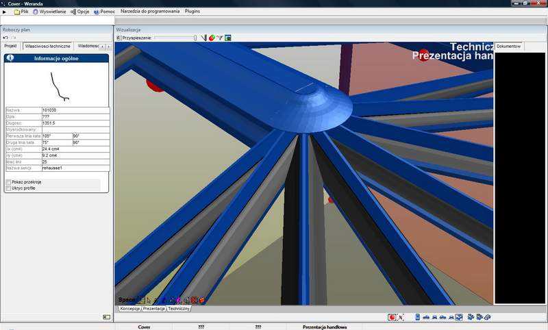 Zrzut ekranu programu do projektowania konstrukcji aluminiowych, PVC lub drewnianych, prezentujący model 3D z widocznymi parametrami technicznymi i interfejsem użytkownika.