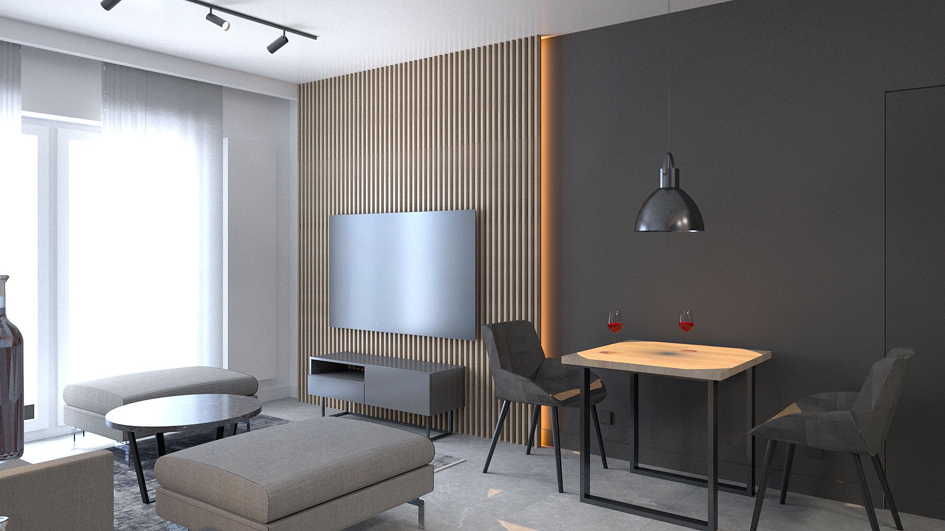Wizualizacja salonu z drewnianą ścianą z lamelami, telewizorem, szarą komodą RTV, stolikiem kawowym, pufami i stołem jadalnym z dwoma krzesłami oraz lampą wiszącą.