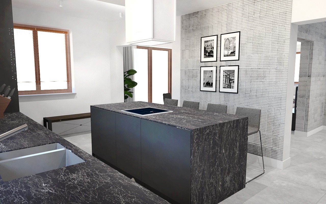 Wizualizacja nowoczesnej kuchni z wyspą o czarnym, marmurkowym blacie, z wbudowaną płytą indukcyjną. W tle ściana z cegły i cztery czarno-białe zdjęcia w ramkach.