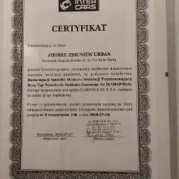 Skan certyfikatu firmy Zibibee Zbigniew Urban potwierdzającego uprawnienia do montażu instalacji gazowych, wydany przez Inter Cars.