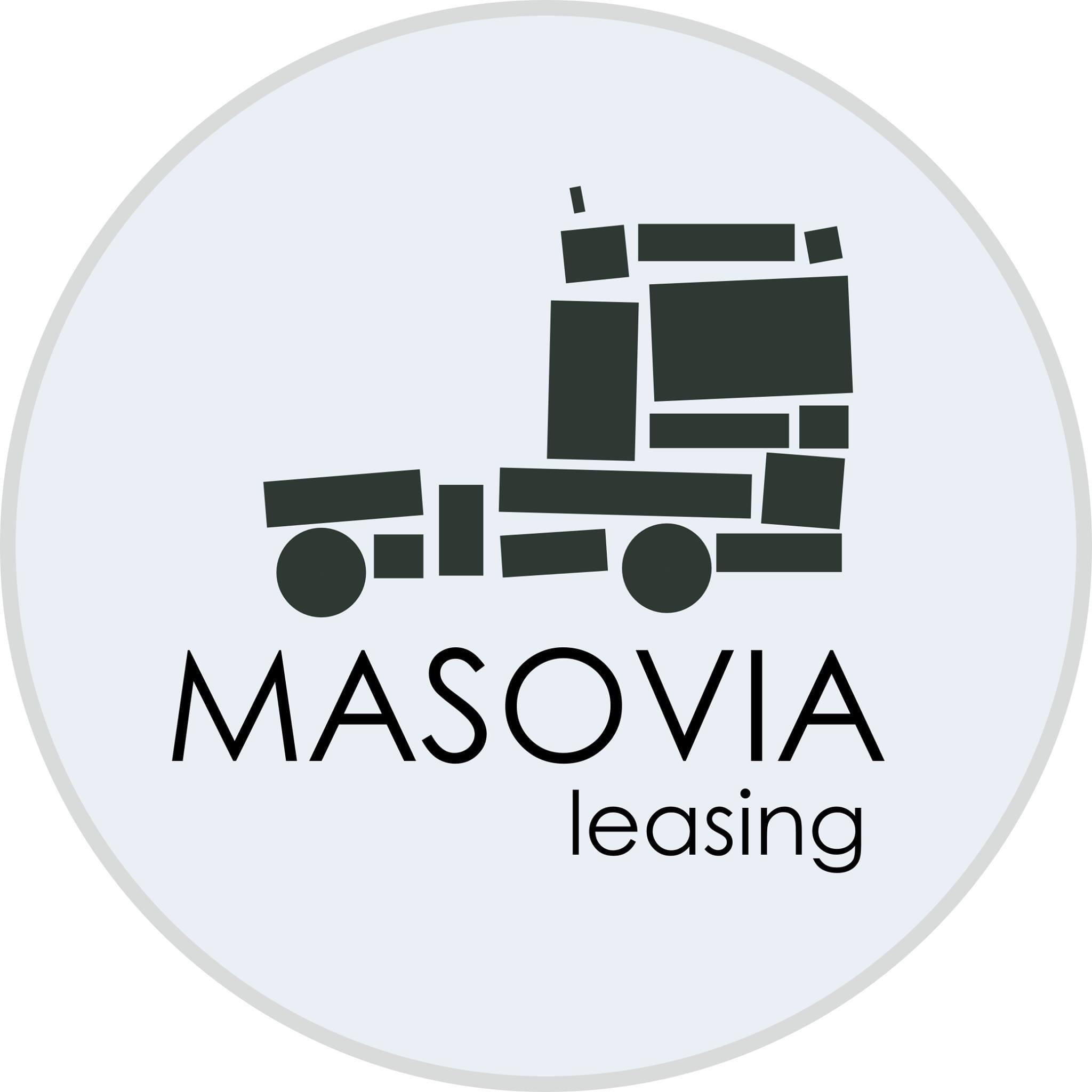 Logo firmy Masovia Leasing przedstawiające schematyczną sylwetkę ciągnika siodłowego zbudowaną z prostokątów i kół na jasnoszarym tle w okręgu.