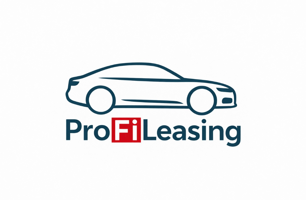 Logo firmy ProFi Leasing z konturem samochodu. Ciemnoniebieski napis z czerwonym kwadratem w nazwie. Minimalistyczny design na białym tle.