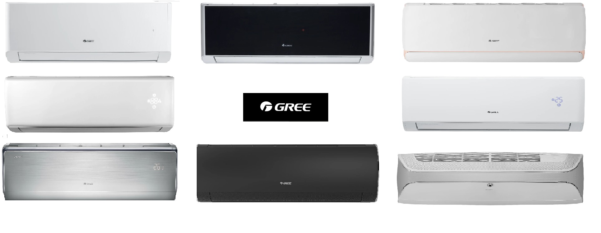 Kolaż przedstawiający różne modele klimatyzatorów marki Gree w kolorach białym, czarnym i srebrnym oraz logo firmy Gree na czarnym tle.