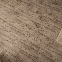 Podłoga wyłożona prostokątnymi płytkami ceramicznymi imitującymi postarzane drewno, ułożonymi w cegiełkę, z widocznymi fugami w kolorze zbliżonym do płytek.