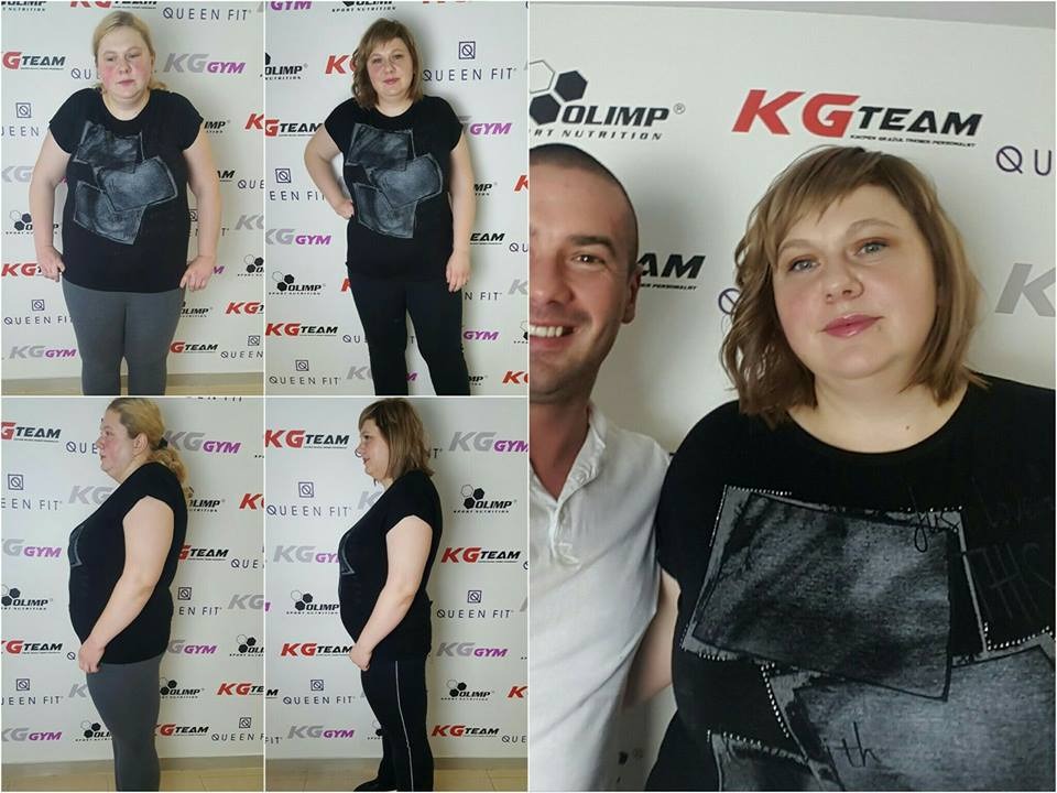 Kolaż zdjęć kobiety przed i po metamorfozie, z widoczną zmianą sylwetki, na tle ściany z logotypami firm współpracujących, w tym zbliżenie na kobietę z uśmiechniętym mężczyzną.