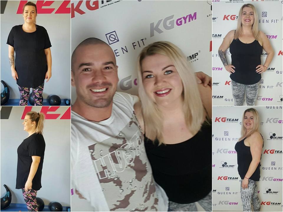 Kolaż zdjęć kobiety przed i po, z trenerem, ukazujący efekty ćwiczeń fizycznych i zmiany w sylwetce.