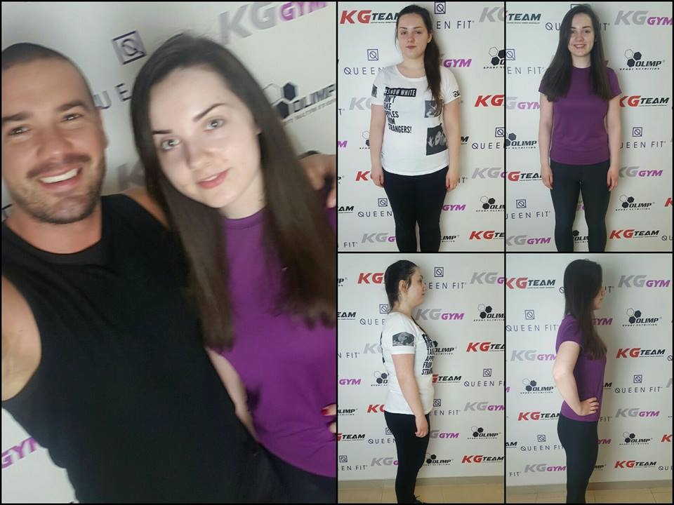 Mężczyzna z uśmiechem i kobieta przed i po metamorfozie sylwetki, na tle ściany z logo siłowni.