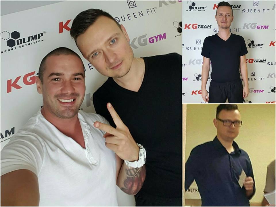 Selfie dwóch mężczyzn na tle ściany z logotypami marek sportowych i siłowni, w kolażu widoczny ten sam mężczyzna w różnych stylizacjach.