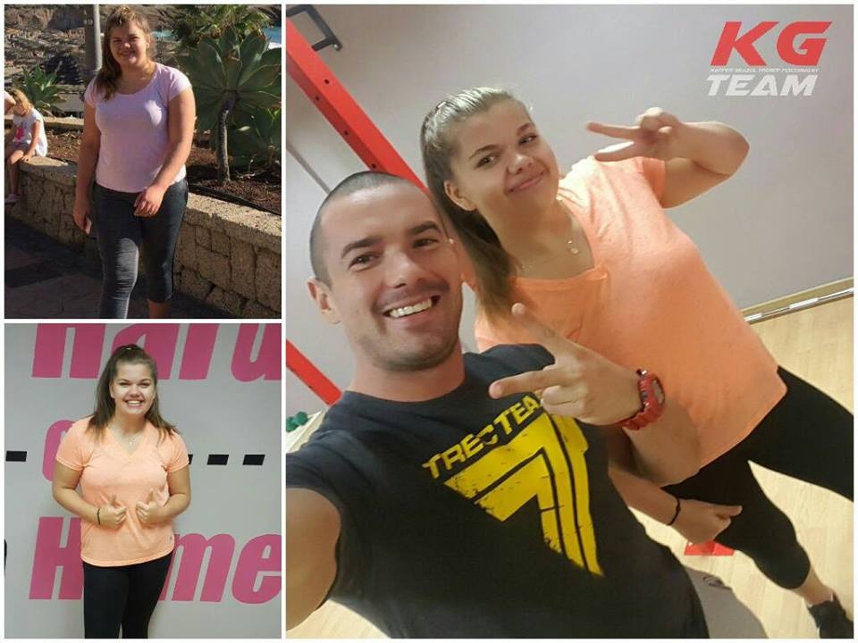 Montaż zdjęć przedstawiający kobietę przed i po zmianie sylwetki, oraz selfie z uśmiechniętym mężczyzną w koszulce z logo firmy KG Team.