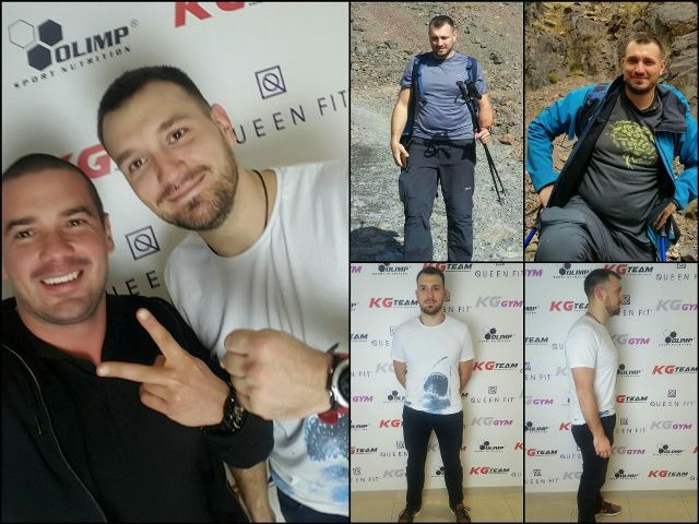 Kolaż sześciu zdjęć mężczyzny: selfie z przyjacielem na tle logotypów sportowych marek, trekking w górach z kijkami, siedzący w górach w kurtce, stojący na tle logotypów sportowych marek z przodu...