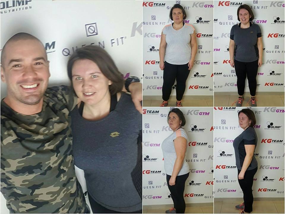 Mężczyzna w koszulce moro obejmuje uśmiechniętą kobietę, obok kolaż zdjęć tej samej kobiety przed i po metamorfozie sylwetki, na tle ściany z logotypami.