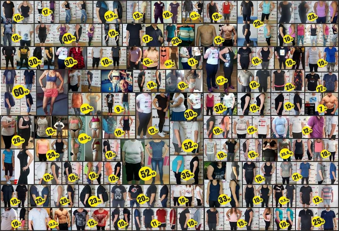 Kolaż zdjęć prezentujących metamorfozy sylwetkowe przed i po, z zaznaczonymi zmianami wagi w kilogramach, ukazujący efekty ćwiczeń i diety.