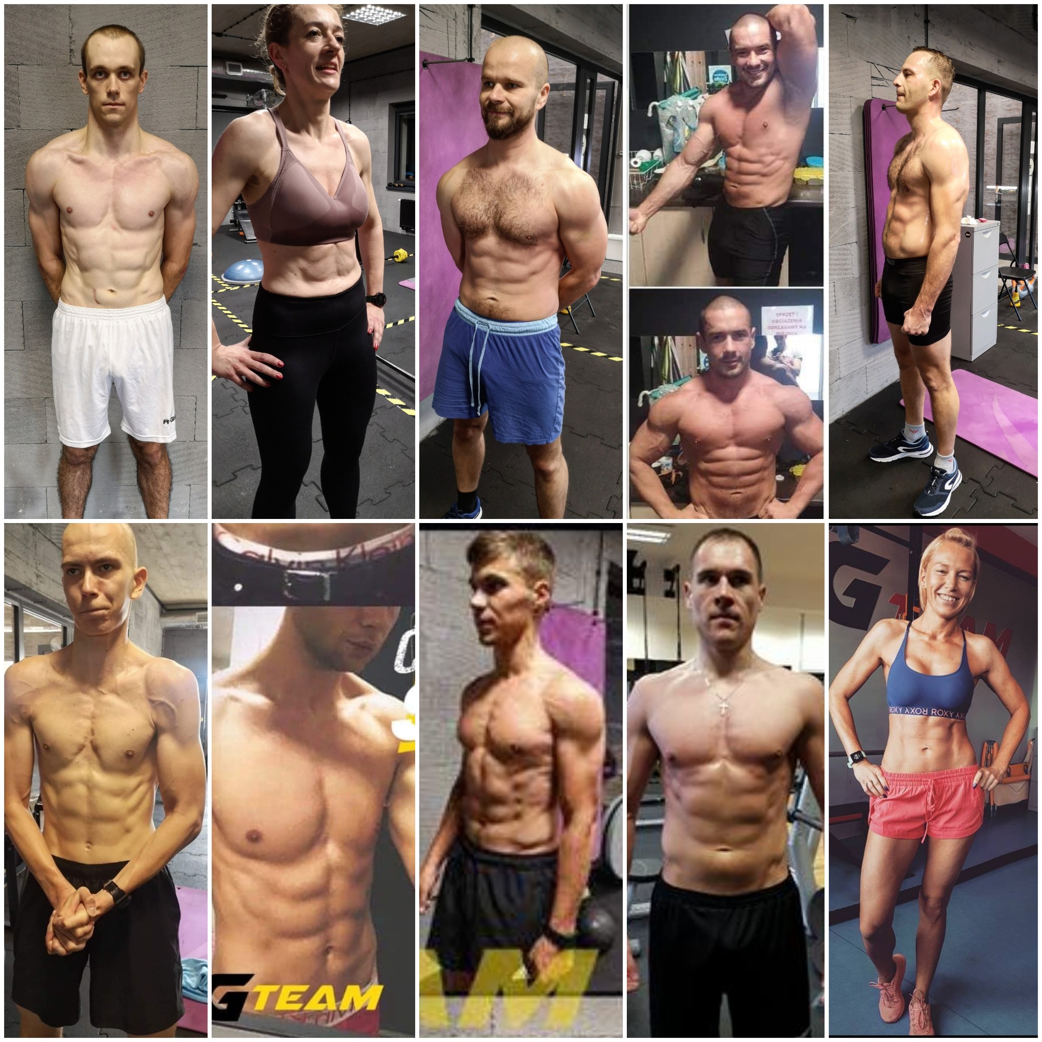 Kolaż zdjęć sylwetek różnych osób, prezentujących efekty ćwiczeń, z widocznymi mięśniami brzucha i ramion, na tle sal treningowych lub wnętrz mieszkalnych.