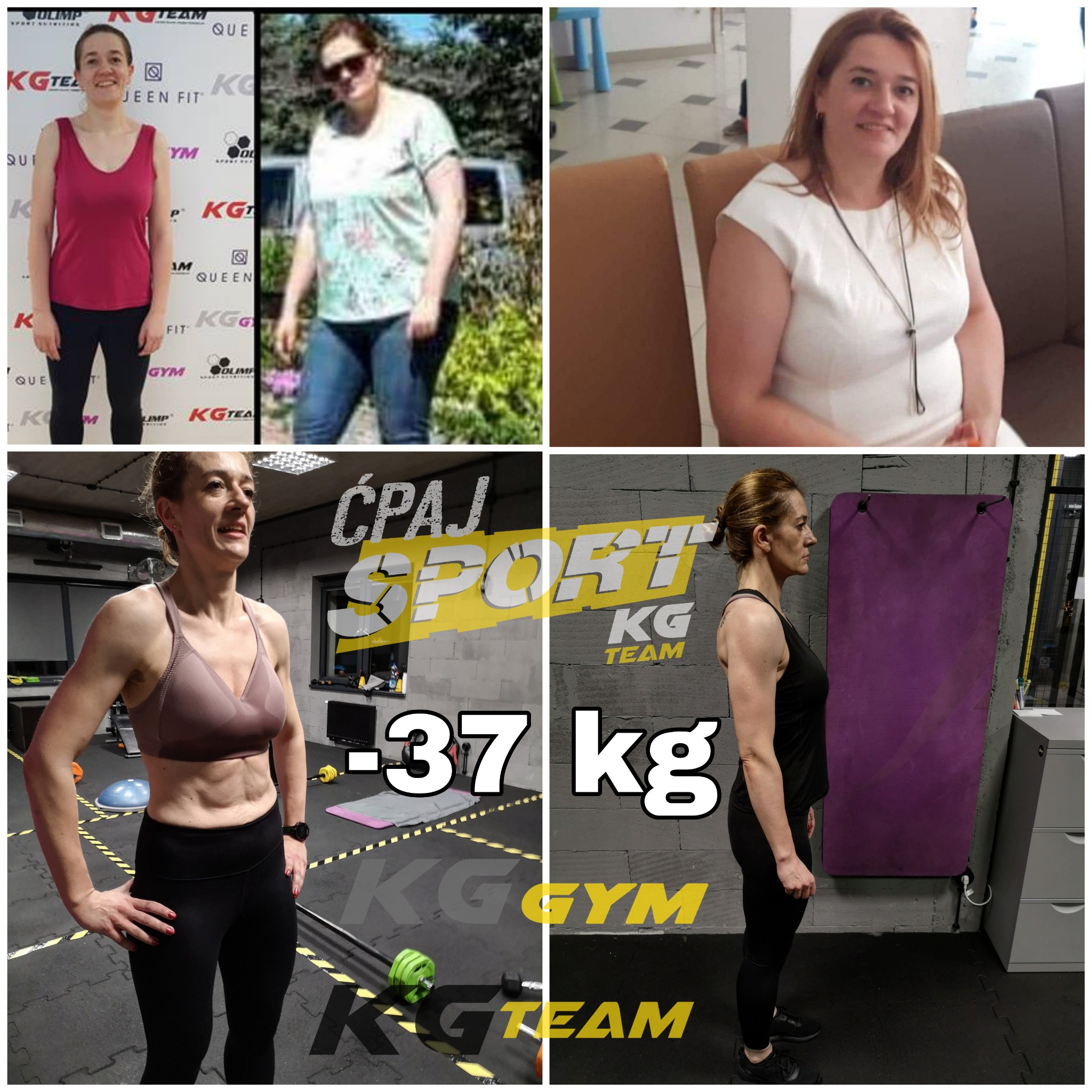 Kolaż zdjęć przedstawiający metamorfozę kobiety przed i po utracie wagi, z widoczną różnicą w sylwetce i umięśnieniu brzucha, wykonany w siłowni z logotypem KG Team.