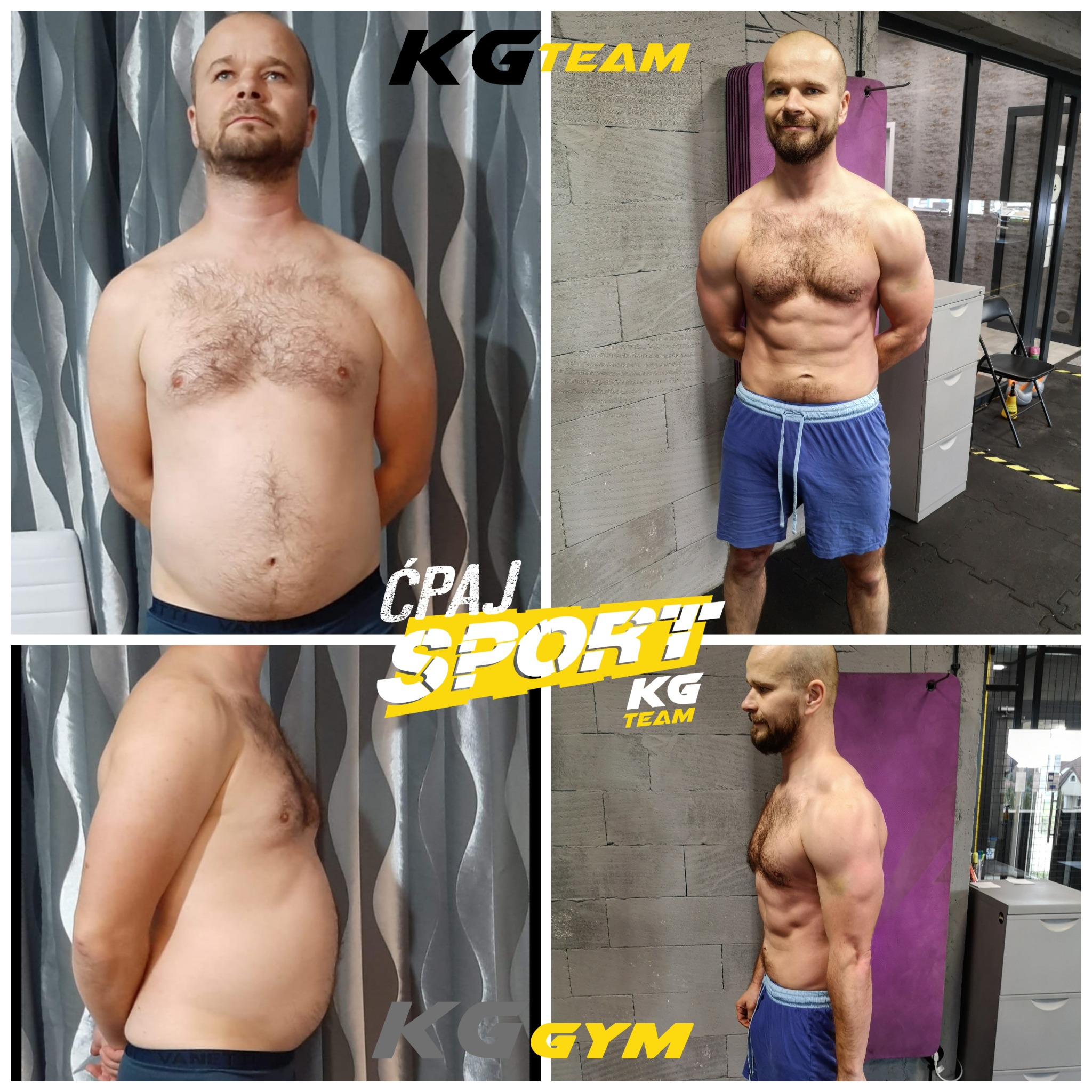 Mężczyzna przed i po transformacji sylwetki, widoczne zmiany w budowie ciała i redukcji tkanki tłuszczowej.