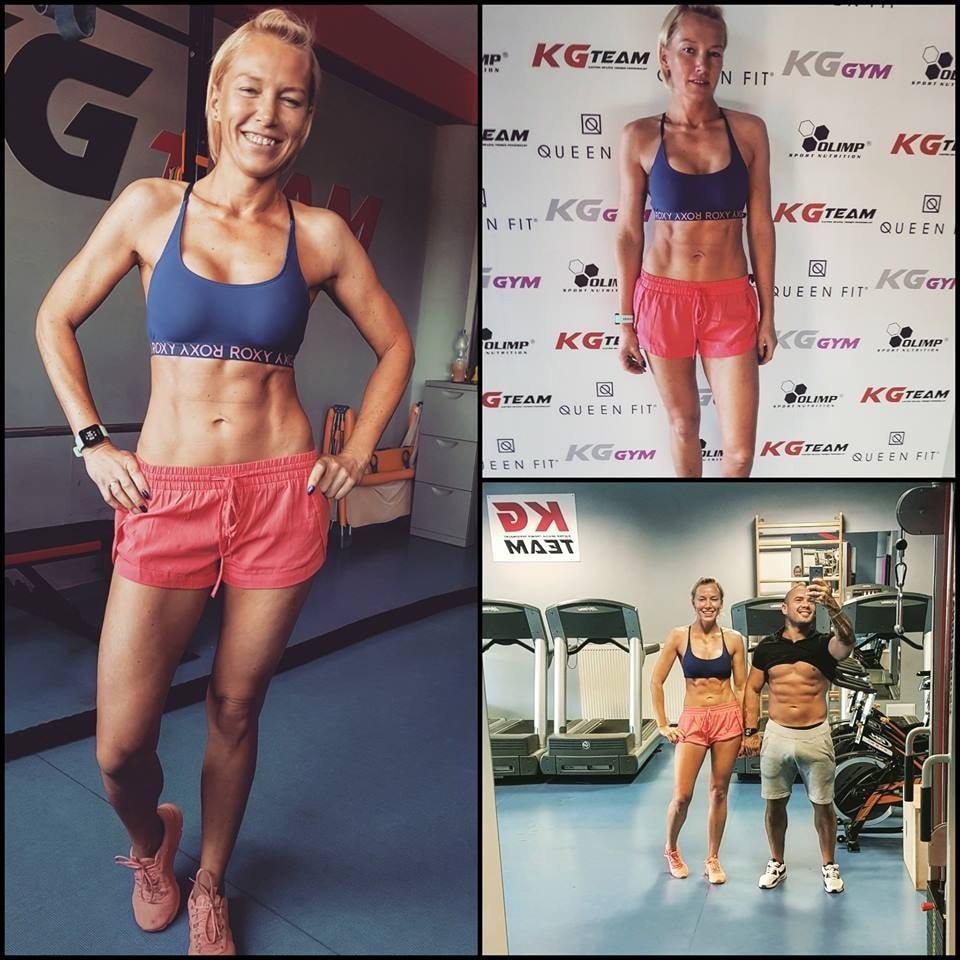 Kolaż zdjęć wysportowanej kobiety w sportowym stroju, prezentującej sylwetkę w różnych ujęciach w siłowni, z widocznym logo KG Team i sprzętem do ćwiczeń w tle.