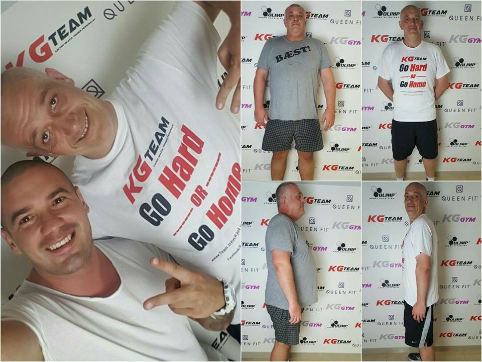 Mężczyzna przed i po metamorfozie sylwetki, prezentowany na kolażu zdjęć na tle logotypów KG Team i Olimp Sport Nutrition, z uśmiechniętym trenerem robiącym selfie.