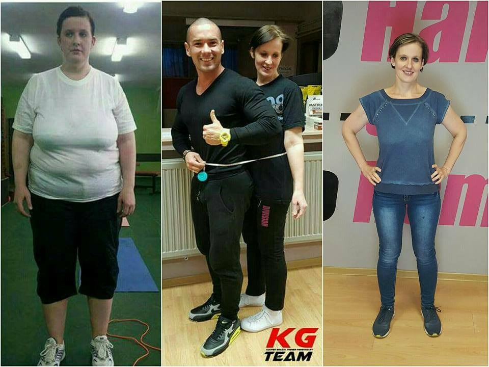 Kolaż przedstawiający metamorfozę kobiety: sylwetka przed, pomiar obwodu w talii przez trenera i sylwetka po zmianie, na tle różnego rodzaju podłóg i ścian.