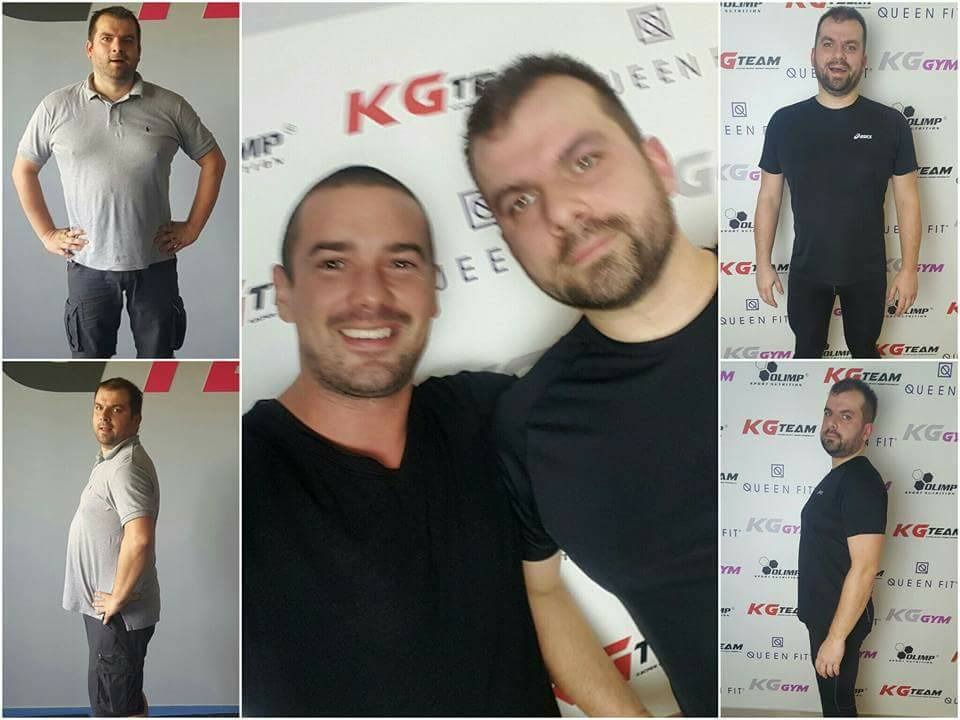 Kolaż zdjęć mężczyzny przed i po treningu personalnym, z trenerem na tle ściany z logotypami KG Team i Queen Fit.