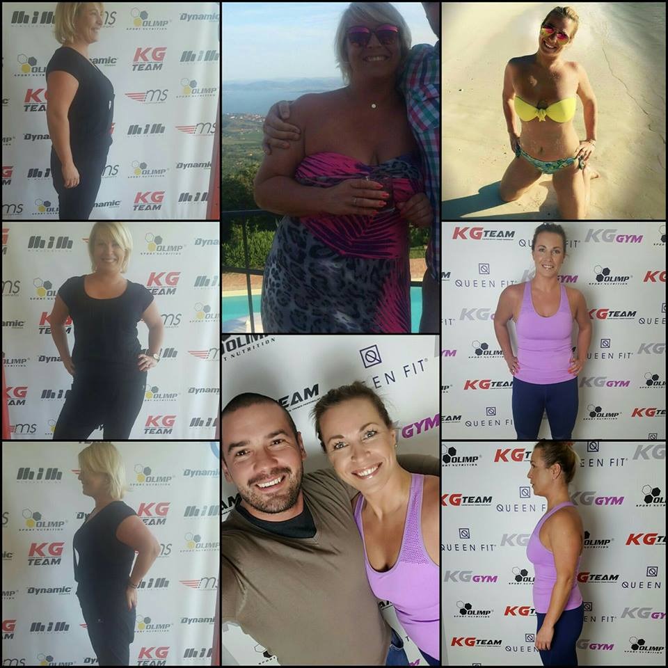 Kolaż zdjęć przedstawiających kobiety w różnych etapach transformacji sylwetki, niektóre na tle logotypów firm sportowych, inne w sceneriach wakacyjnych.