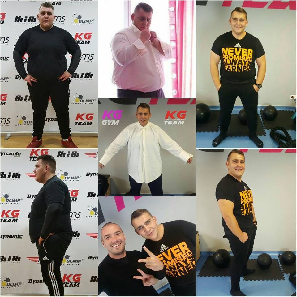 Kolaż zdjęć mężczyzny przed i po metamorfozie sylwetki, prezentujący efekty treningów i diety.