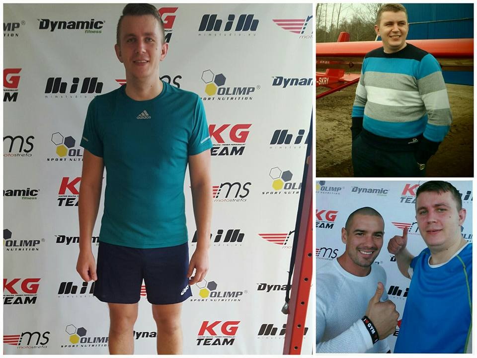 Mężczyzna w sportowym stroju na tle ściany z logotypami firm sponsorskich, kolaż ze zdjęciami z różnych okresów, w tym jedno z samolotem w tle i jedno z innym mężczyzną.