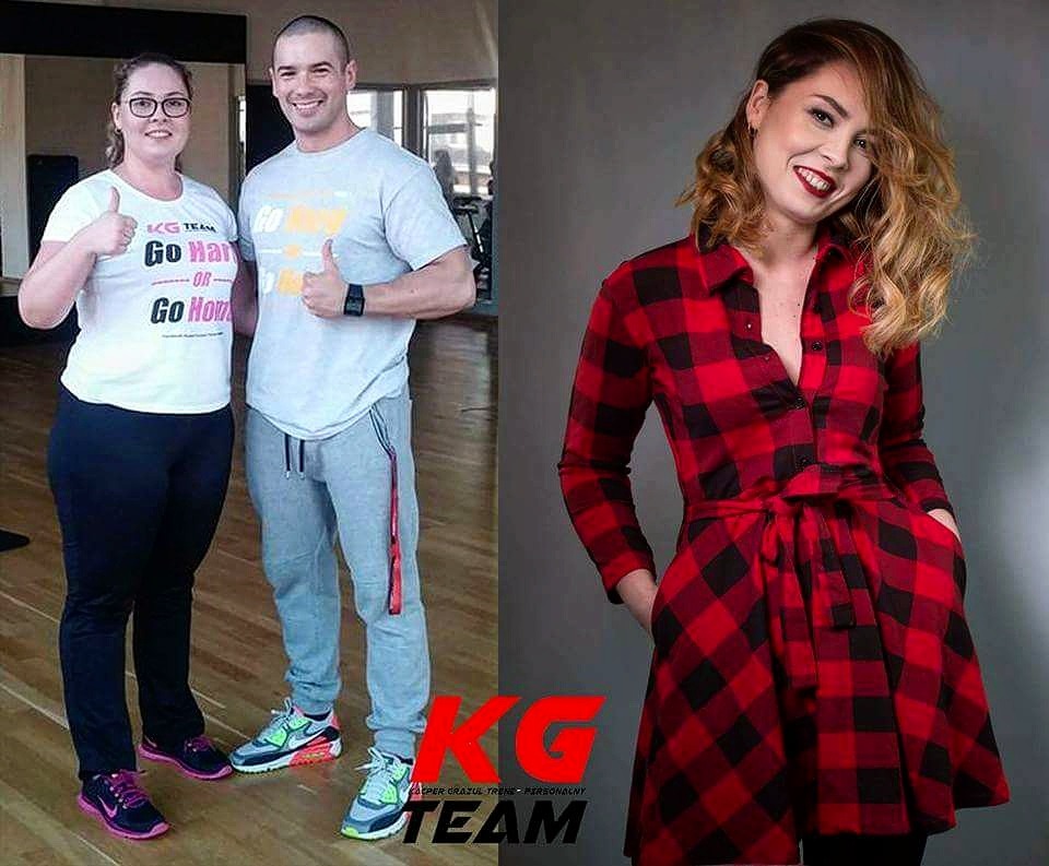 Kolaż: Para w strojach sportowych (klientka i mężczyzna z zegarkiem na ręce, oboje z uniesionymi kciukami) oraz kobieta w czerwonej sukience w kratę