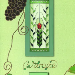 Grafika przedstawia projekt witrażu z motywem winogron i stylizowanej rośliny w ramie, z napisem 'Witraże' w ozdobnej czcionce na zielonym tle.