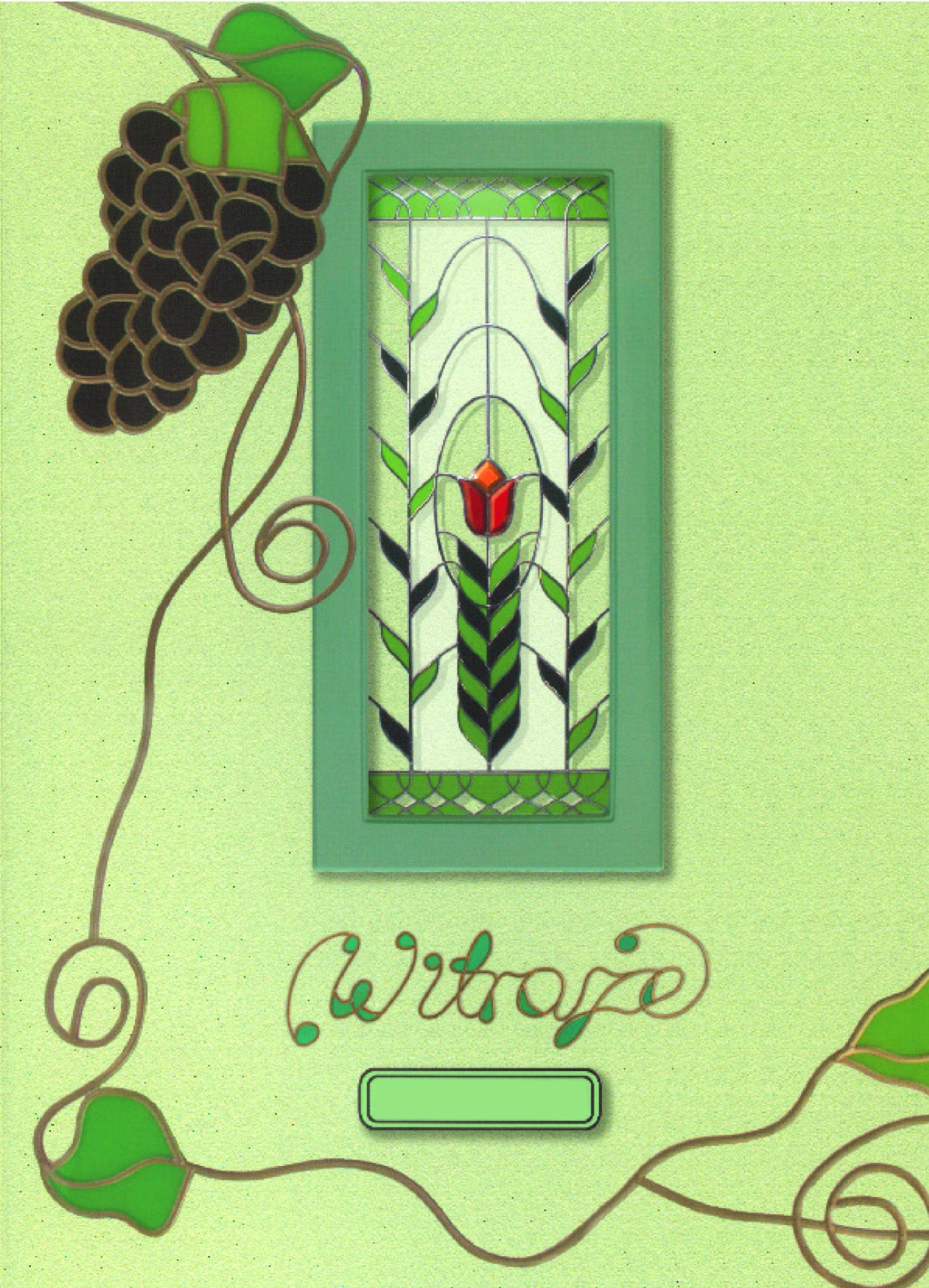 Grafika przedstawia projekt witrażu z motywem winogron i stylizowanej rośliny w ramie, z napisem 'Witraże' w ozdobnej czcionce na zielonym tle.
