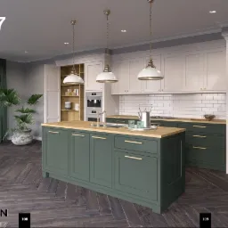 Wnętrze kuchni z wyspą w odcieniach zieleni i drewna, oświetloną trzema wiszącymi lampami, z podłogą ułożoną w jodełkę.