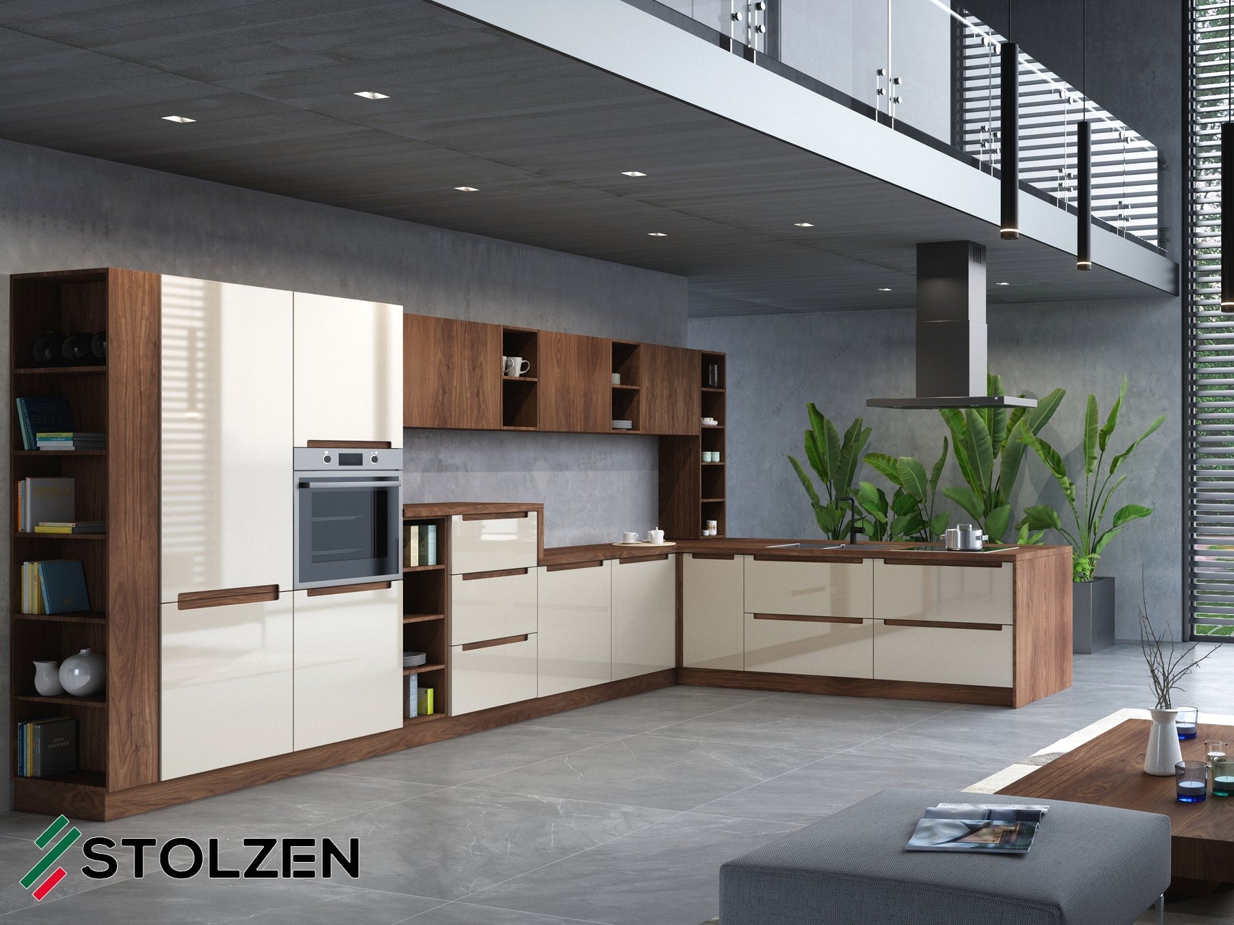 Wnętrze nowoczesnej kuchni z zabudową w odcieniach bieli i drewna, widok na wysoki sufit z oświetleniem punktowym, okno z żaluzjami i rośliny doniczkowe w tle.