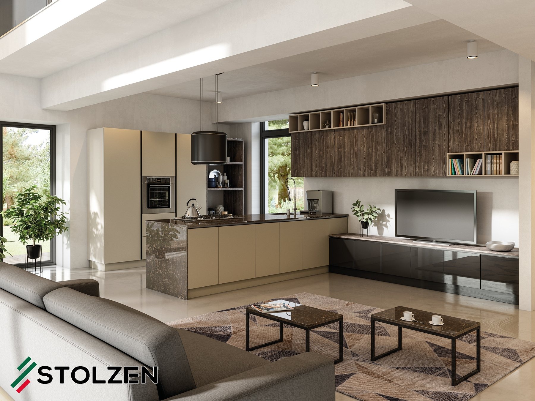 Nowoczesna aranżacja wnętrza z beżową zabudową kuchenną z wyspą o marmurowym wykończeniu, ciemnymi szafkami wiszącymi i drewnianymi półkami, doświetlona wiszącymi lampami.